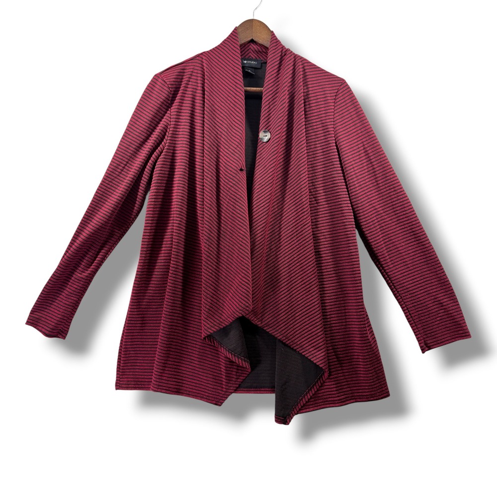 AB Studio Womens Burgundy Black Striped Draped Open Front Cardigan Sweater Large